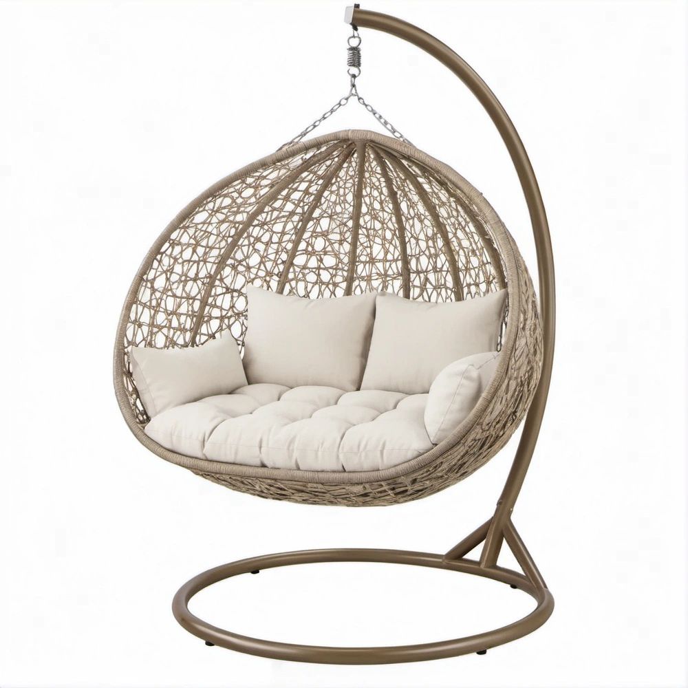 Double Egg Hanging Chair with Stand, Beige PE Rattan, Bronze Steel Frame and Cream Cushions, 132 x 110 x 198 cm