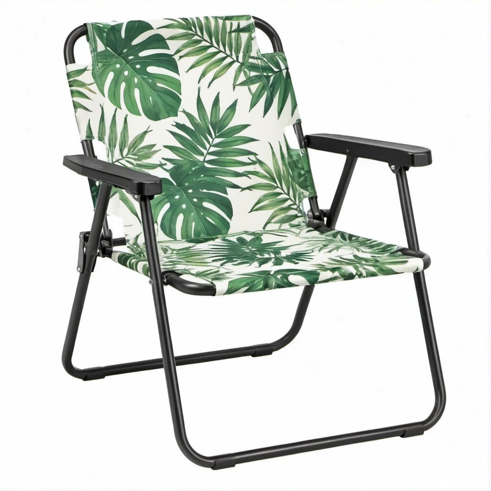 Folding Camping Chair with Armrests, Green Leaf Print Polyester Fabric, Black Steel Frame, 22.8 x 20.5 x 31.5 in
