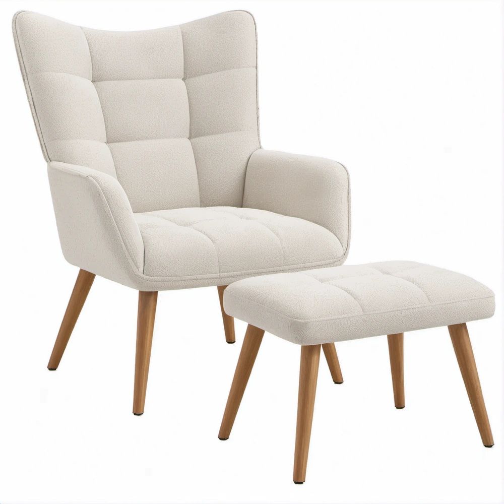 Cream Boucle Wingback Lounge Chair with Ottoman, Solid Rubberwood Legs, Chair 76 x 82 x 102 cm