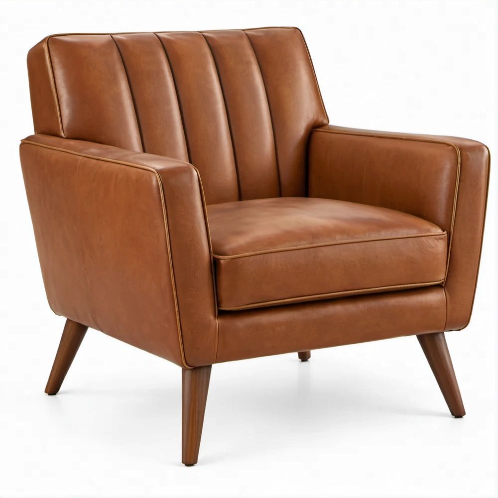Brown PU Leather Upholstered Armchair with Dark Brown Rubberwood Legs, 35.4 x 33.5 x 35.4 Inches