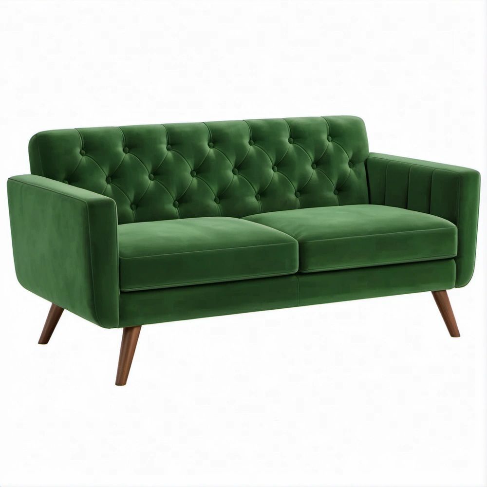 Green Velvet Tufted 2-Seat Sofa with Brown Rubberwood Legs, 150 x 84 x 86 cm