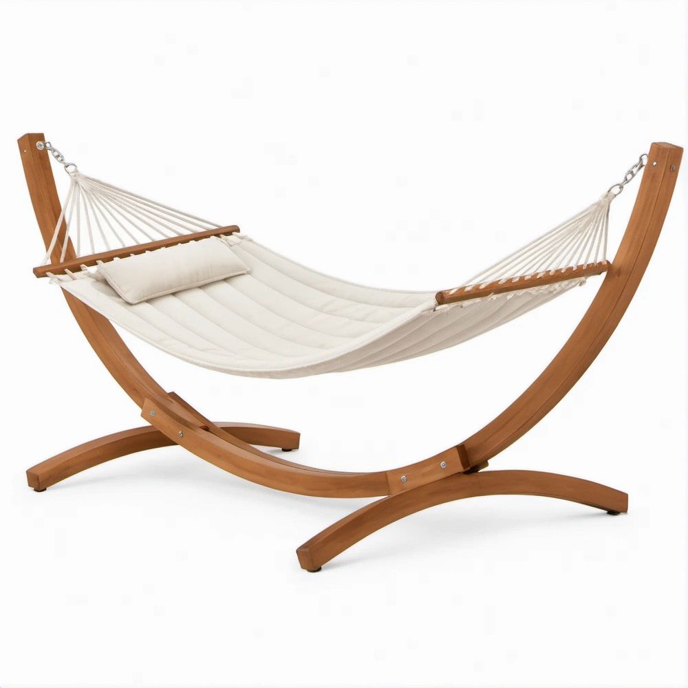 White Quilted Cotton Hammock with Curved Larch Wood Stand, 124 x 43 x 48 in