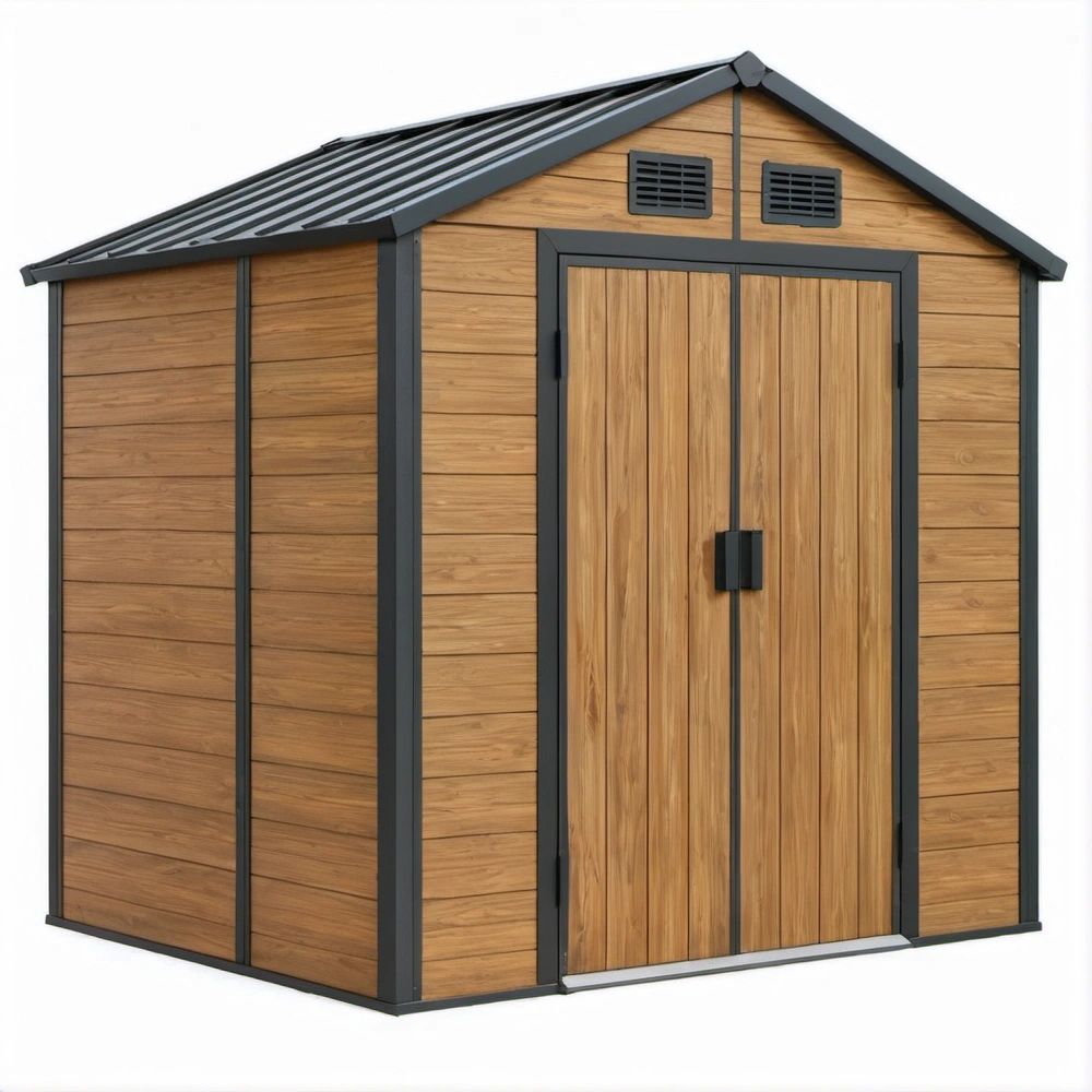 72 x 48 x 75 in Outdoor Storage Shed with Gable Roof, Wood Grain Brown and Charcoal Gray Galvanized Steel