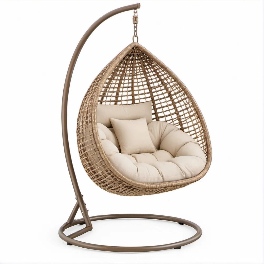 Brown PE Rattan Hanging Egg Chair with Stand, 41.3 x 41.3 x 76.8 in, Natural Brown/Beige