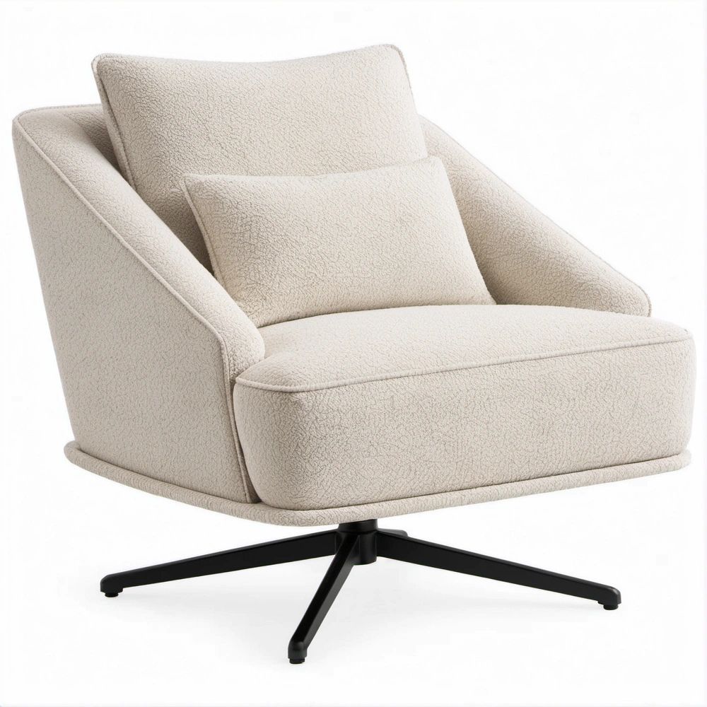 Cream Boucle Swivel Lounge Chair with Black Steel Base, 30 x 32 x 35 in