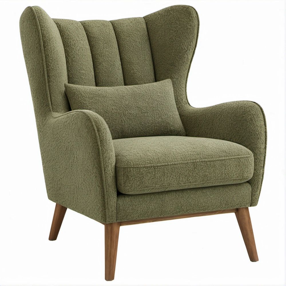 Olive Green Boucle Wingback Lounge Chair with Walnut Brown Rubberwood Legs, 31.5 x 34.6 x 43.3 in