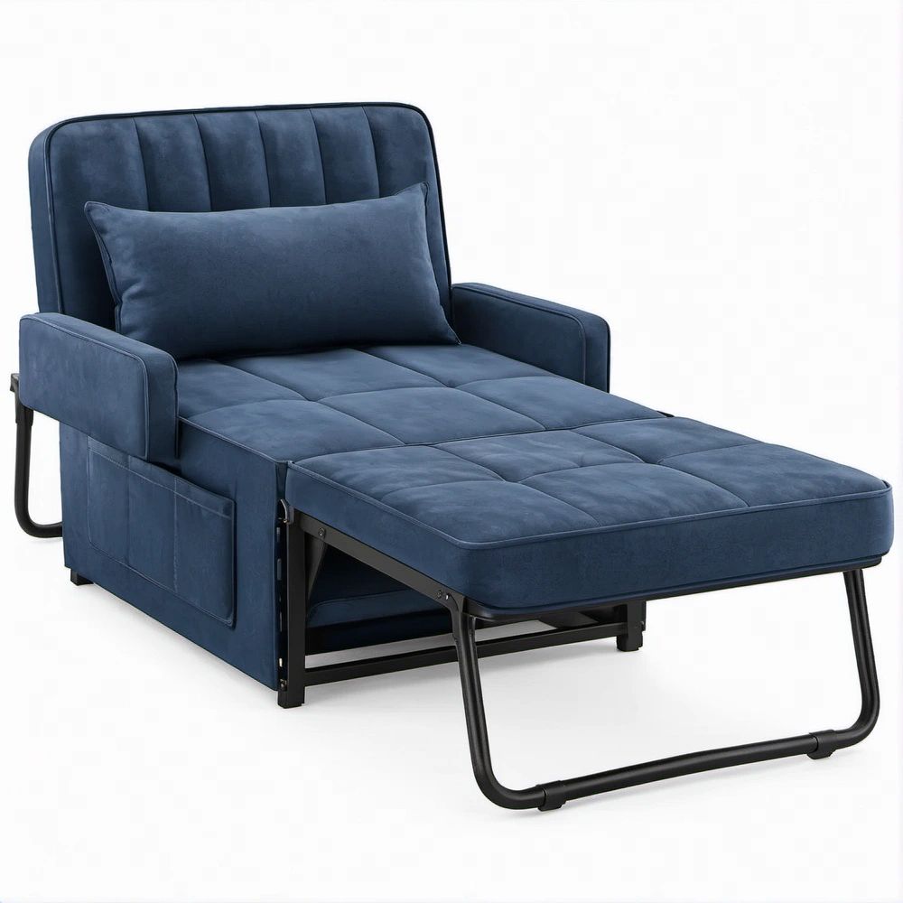 Navy Blue Velvet Convertible Sleeper Chair with Pillow and Black Steel Frame, 35.4 x 35.4 x 33.9 in