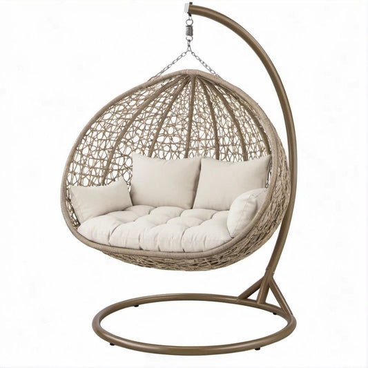 Double Egg Hanging Chair with Stand, Beige PE Rattan, Bronze Steel Frame and Cream Cushions, 132 x 110 x 198 cm