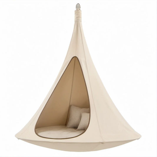 Beige Polyester Canvas Hanging Canopy Lounge Seat with Cushions, 59.1 x 59.1 in