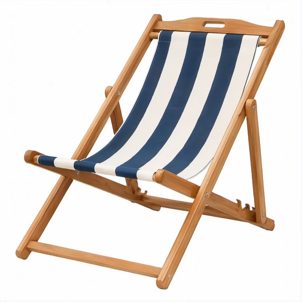 Adjustable Folding Deck Chair, Natural Beech Wood Frame with Blue and White Striped Polyester Canvas, 38.2 x 23.6 x 31.5 in