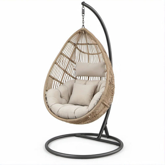Beige PE Rattan Egg Hanging Chair with Black Steel Stand, 95 x 95 x 195 cm