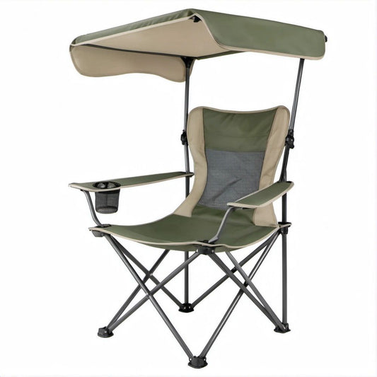 Folding Canopy Camping Chair with Cup Holder and Side Mesh Pocket, Green/Beige/Black, 34 x 22 x 56 in