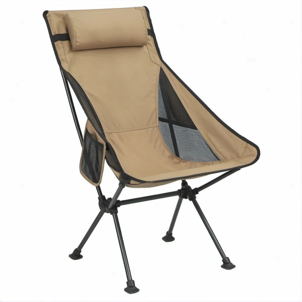 Khaki and Black High-Back Folding Camping Chair with Padded Headrest, 23.6 x 25.6 x 39.4 in