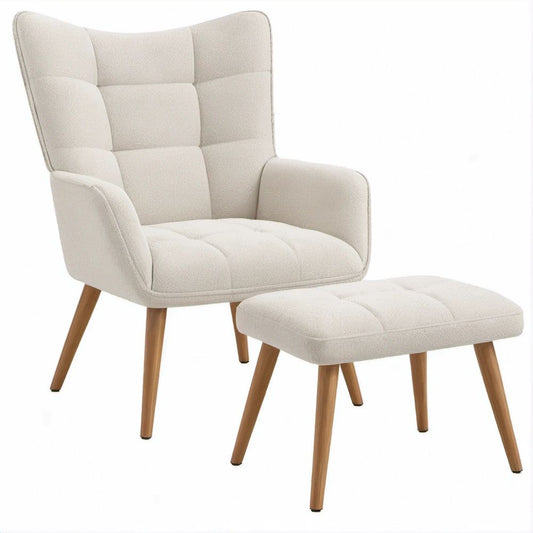 Cream Boucle Wingback Lounge Chair with Ottoman, Solid Rubberwood Legs, Chair 76 x 82 x 102 cm