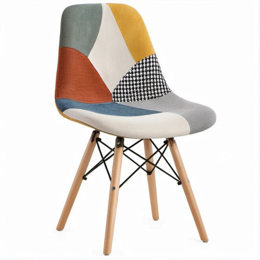 Patchwork Upholstered High-Back Accent Chair, 18.1 x 21.3 x 32.7 in, Gray/White/Mustard Yellow/Rust Orange/Blue