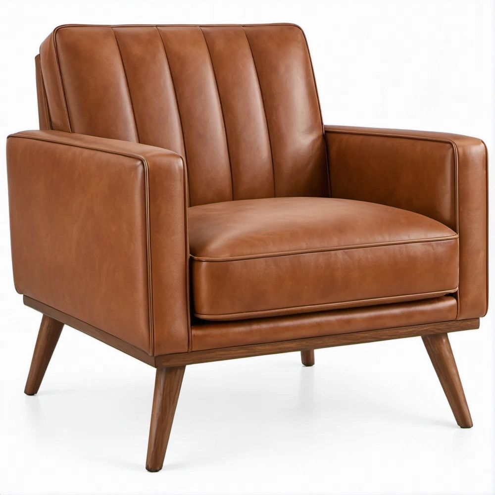 Brown PU Leather Armchair with Rubberwood Legs, 32 x 35 x 35 in