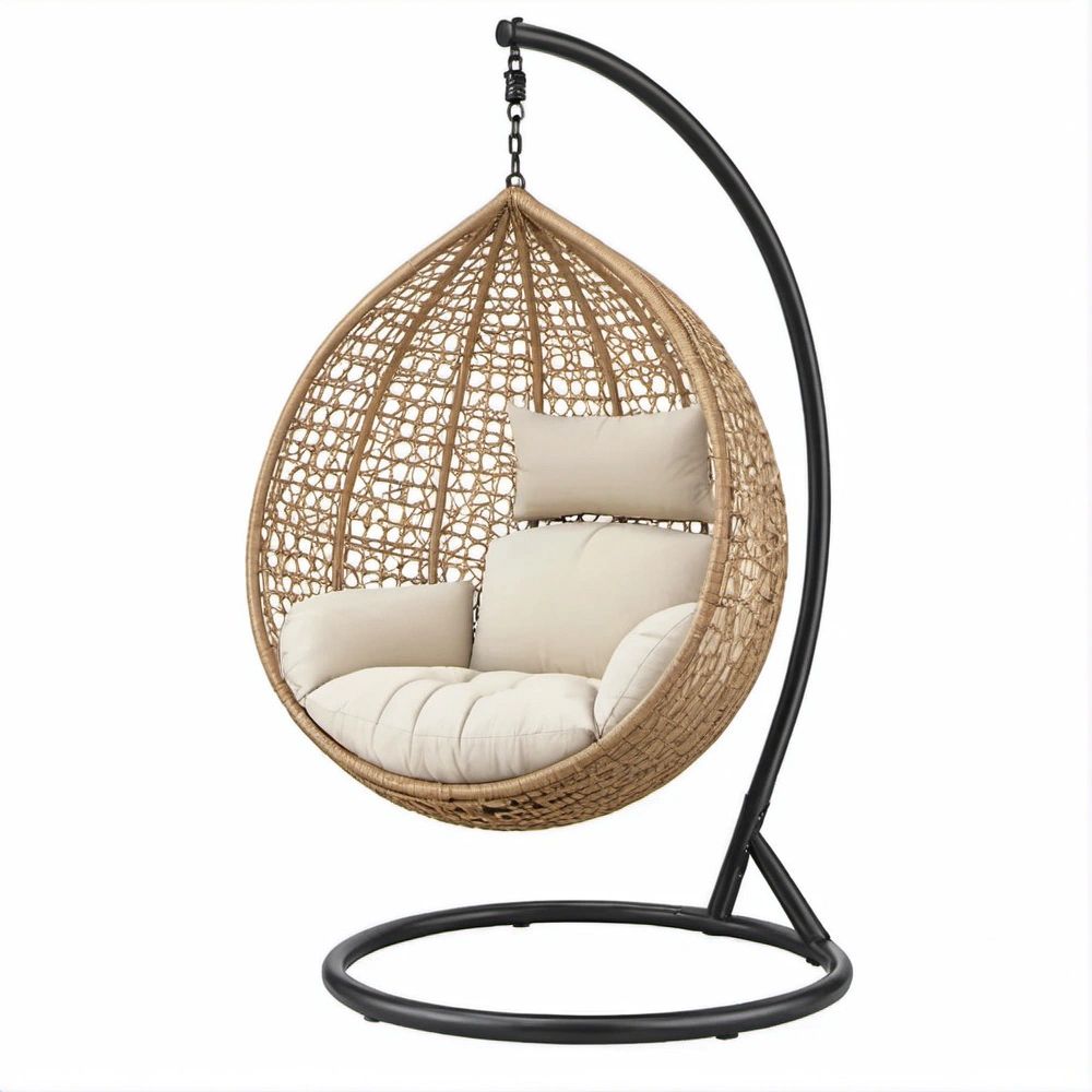 Natural Wicker Hanging Egg Chair with Black Steel Stand and Cream Cushions, 41 x 31 x 77 in