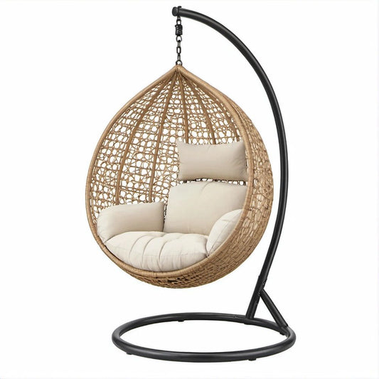 Natural Wicker Hanging Egg Chair with Black Steel Stand and Cream Cushions, 41 x 31 x 77 in