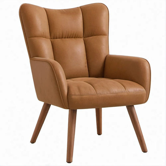 Tufted PU Leather Wingback Accent Chair, 29.5 x 31.1 x 40.2 in, Cognac Brown with Brown Rubberwood Legs
