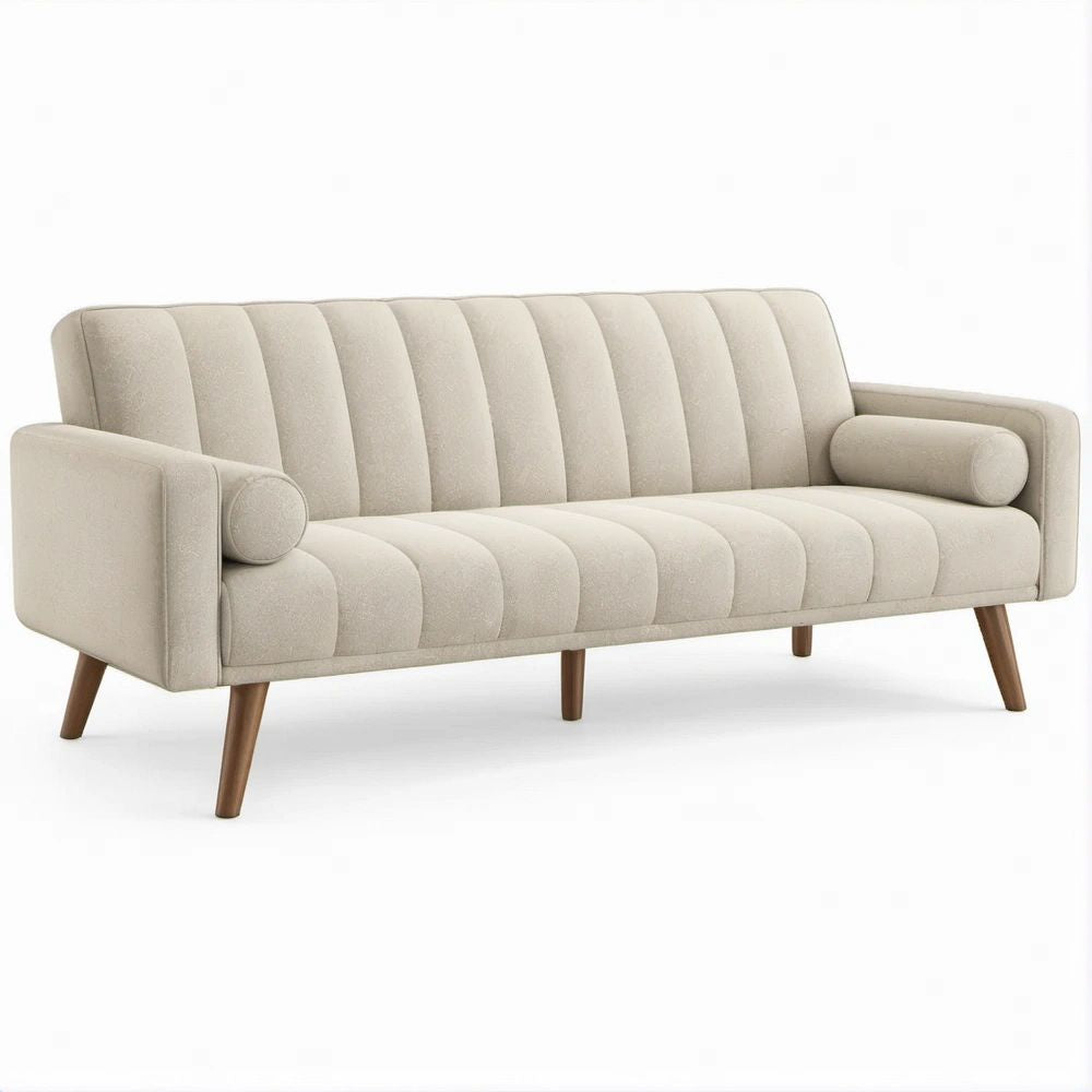 Beige 3-Seat Sofa with Brown Rubberwood Legs and Polyester Velvet Upholstery, 79 x 34 x 32 in