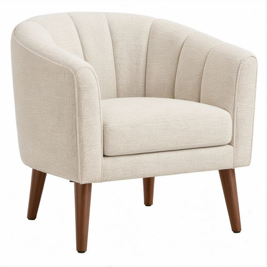 Cream Bouclé Barrel Lounge Chair with Brown Rubberwood Legs, 30 x 31 x 32 in