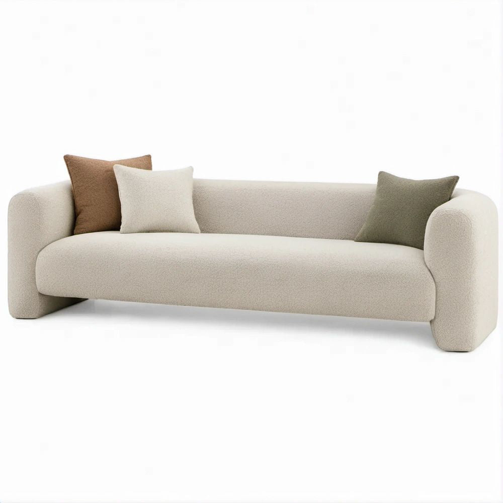 Curved 3-Seat Ivory Boucle Sofa with Brown, Ivory and Olive Green Accent Pillows, 90 x 38 x 29 in