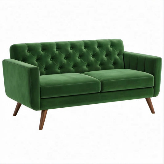 Green Velvet Tufted 2-Seat Sofa with Brown Rubberwood Legs, 150 x 84 x 86 cm