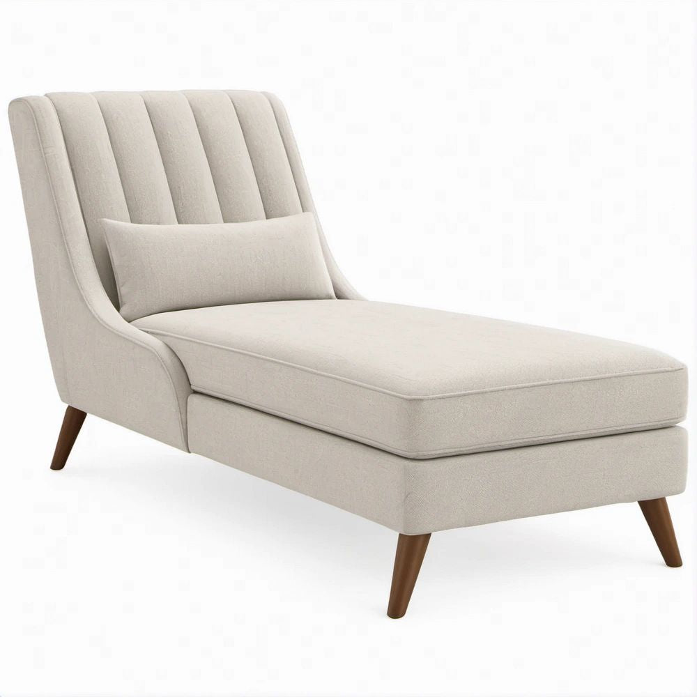 Mid-Century Modern Ivory Chaise Lounge Chair with Brown Rubberwood Legs, 34 x 67 x 35 in