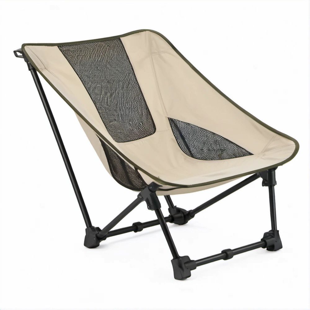 Beige and Black Folding Camping Chair with Breathable Mesh, Steel Frame, 31.5 x 24.8 x 35.4 in