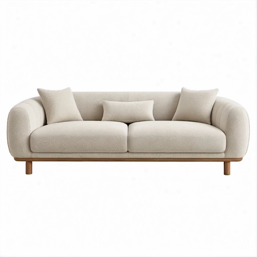 Curved 3-Seat Beige Polyester Bouclé Upholstered Sofa with Brown Rubberwood Legs, 87 x 35 x 31 in