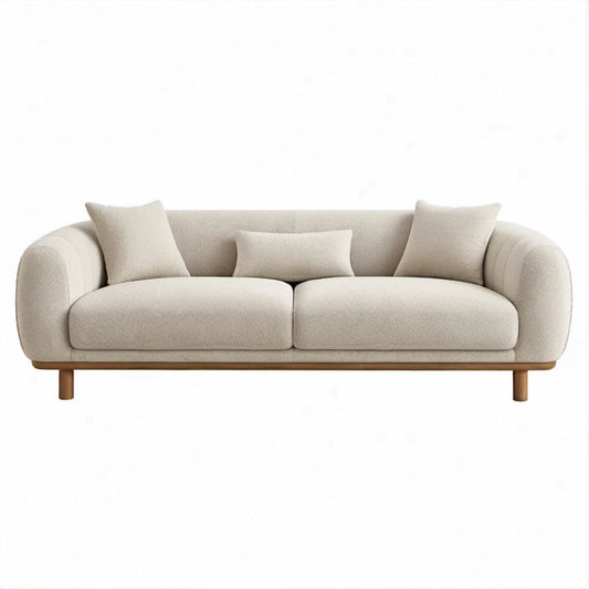 Curved 3-Seat Beige Polyester Bouclé Upholstered Sofa with Brown Rubberwood Legs, 87 x 35 x 31 in