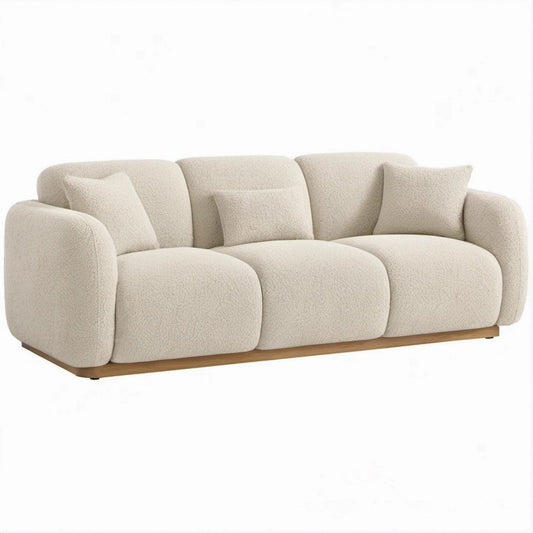 3-Seat Curved Cream Bouclé Sofa with Walnut Base, 88 x 37 x 31 in
