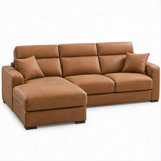 Cognac Brown Faux Leather L-Shaped Sectional with Left-Facing Chaise, 110 x 63 x 34 in