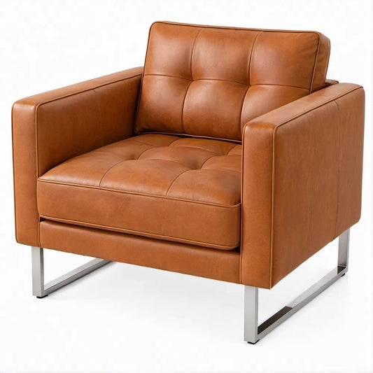 Tan Faux Leather Tufted Accent Chair with Silver Metal Sled Base, 34 x 35 x 34 in