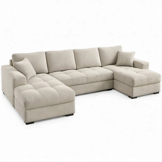 Beige Boucle U-Shaped Sectional with Double Chaise and Black Feet, 132 x 65 x 35 in