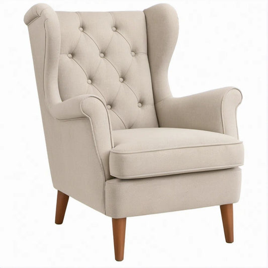 Beige Tufted Wingback Accent Chair with Brown Rubberwood Legs, 32 x 34 x 41 in