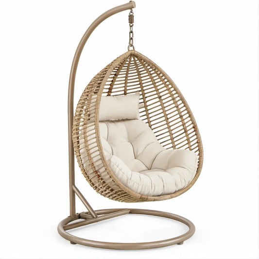 Beige and Ivory PE Rattan Hanging Chair with Steel Stand, 41.3 x 41.3 x 76.8 in
