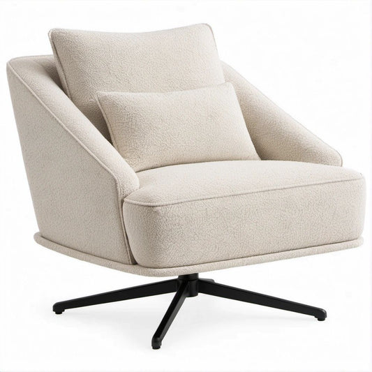 Cream Boucle Swivel Lounge Chair with Black Steel Base, 30 x 32 x 35 in