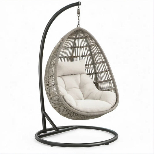 Gray PE Rattan Hanging Egg Chair with Black Steel Stand and Off-White Cushions, 95 x 95 x 195 cm
